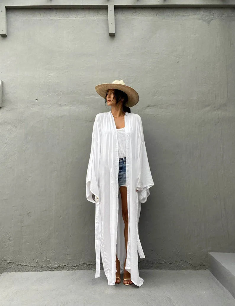 Robe de Plage Longue avec Ceinture pour Femme, Kimono Sexy, Cardigan d'Été, 5 Couleurs Unies