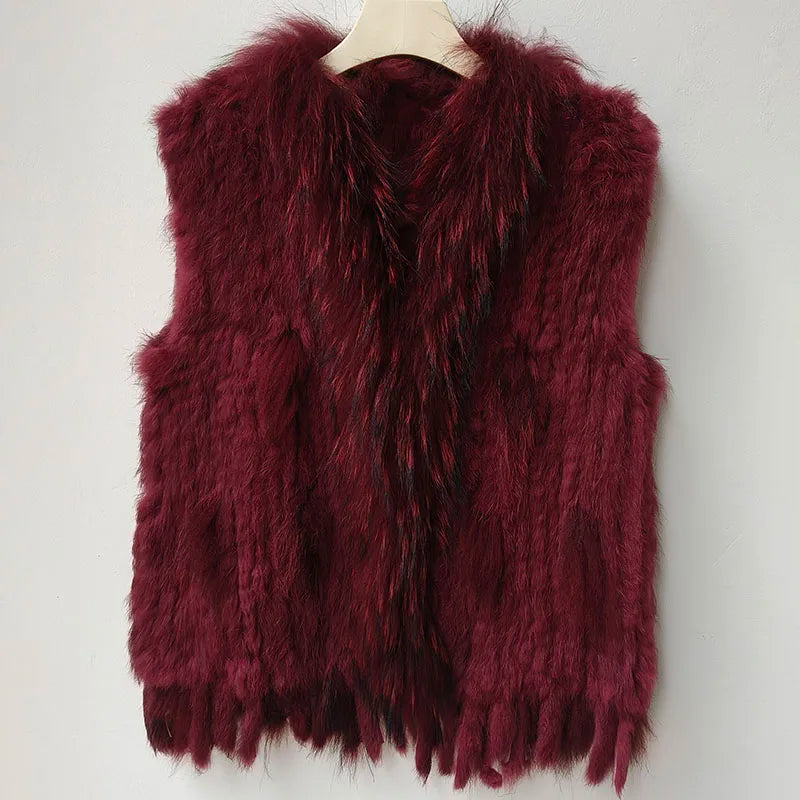 Gilet tricoté en vraie fourrure de lapin naturelle avec pompon, Gilet chaud sans manches pour femmes, avec garniture en vraie fourrure de raton laveur