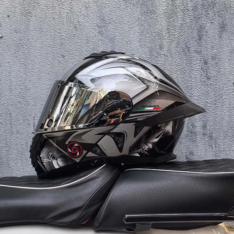 Casque de moto intégral ORZ-B08A, motif Mecha brillant, casque de course, casque de sécurité certifié DOT de Style italien avec Vi teinté