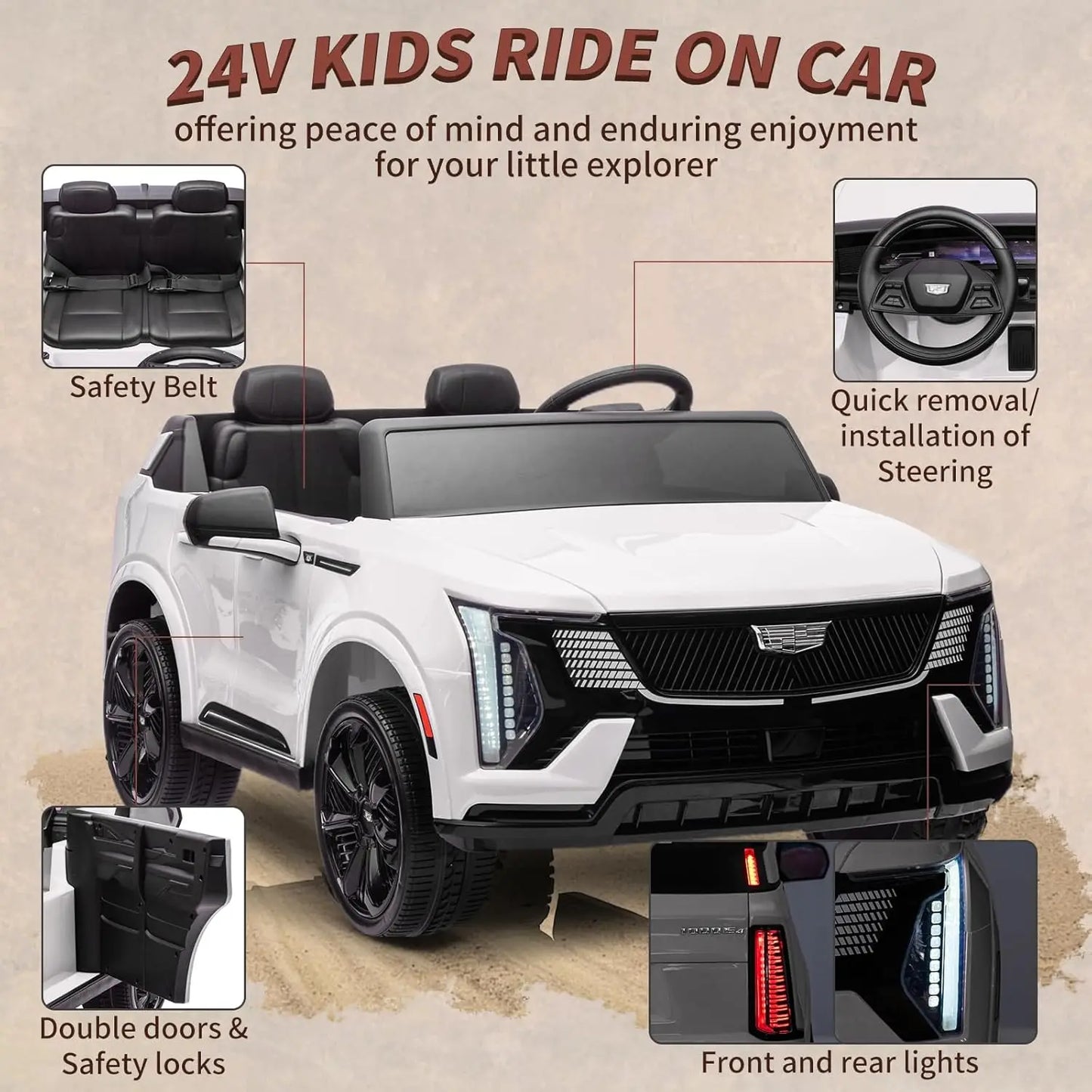 Coche eléctrico de 24 V con mando a distancia, 2 plazas, amortiguación en las 4 ruedas, arranque suave, luces led para niños