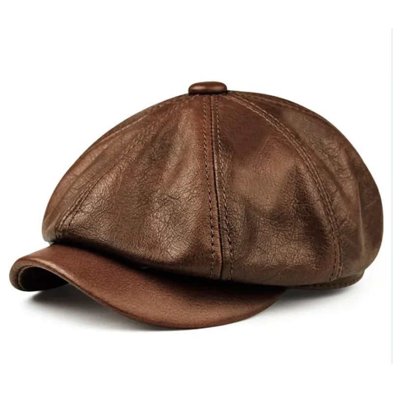 Men's Retro Brown Hats, Warm Genuine Leather Cap, Painter Beret, High-Quality Cowhide Octagonal Boina, Spring/Winter 100%