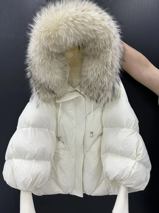 Winter Hooded Natural Big Fur Collar Down Jacket Women Short White Duck Down Outwear Female Lantern Sleeve Warm Quilted Coat
