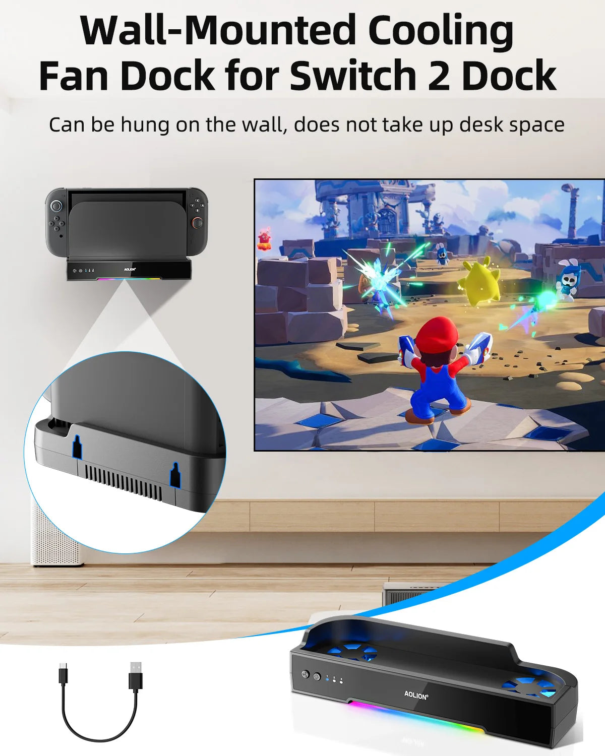 Aolion para Switch 2 Base RGB Ventilador de refrigeración HUB portátil Base de expansión Soporte de pared con NGC para accesorios de Switch 2