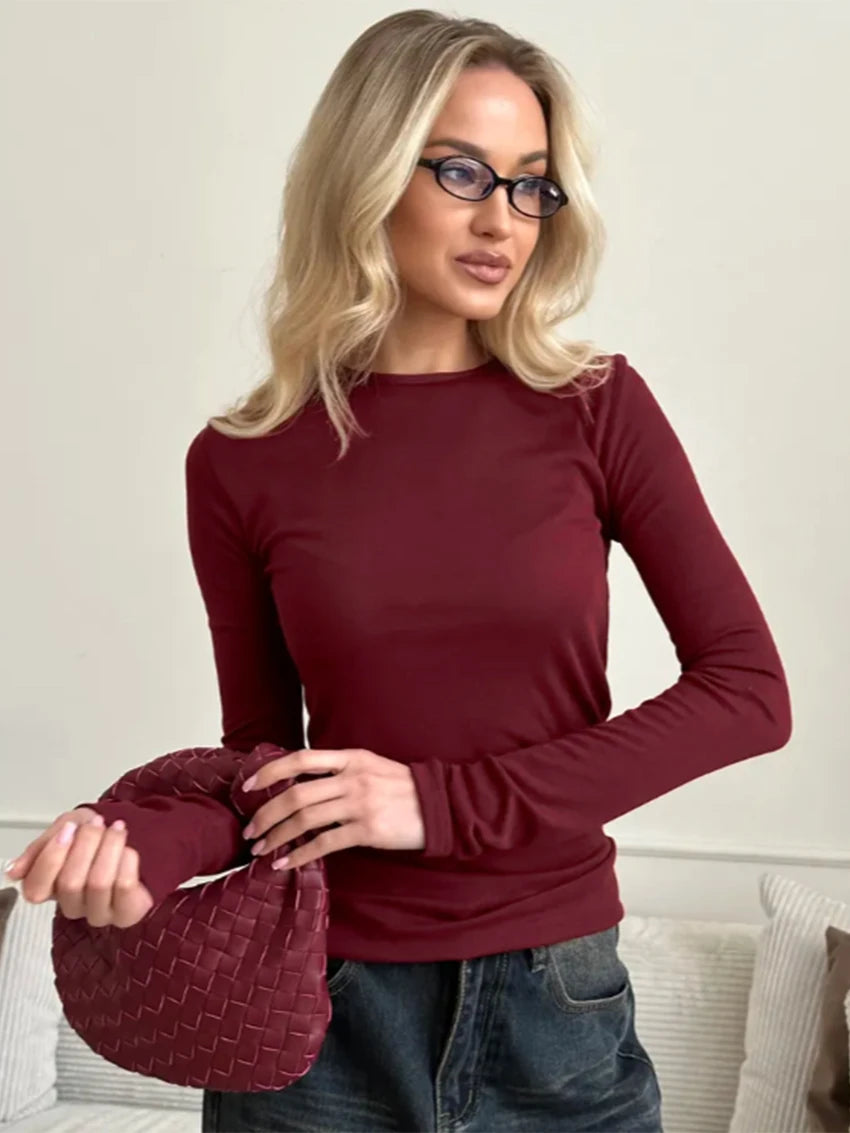 T-shirt femme mince marron 2026 — décontracté, col rond, manches longues, élégant, simple