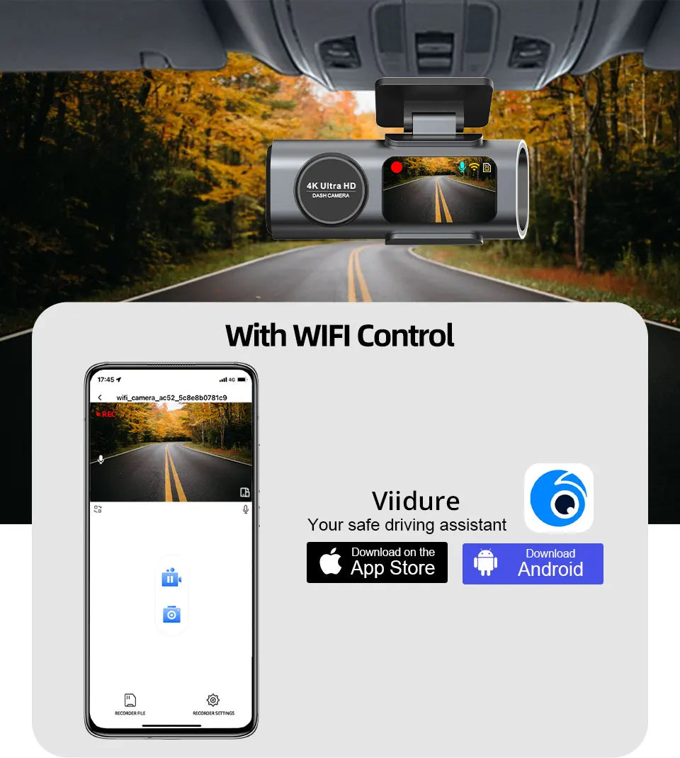 4K UHD Car Dash Cam, Night Vision DVR Video Recorder, Built-in Wi-Fi, 24H Parking GPS Support