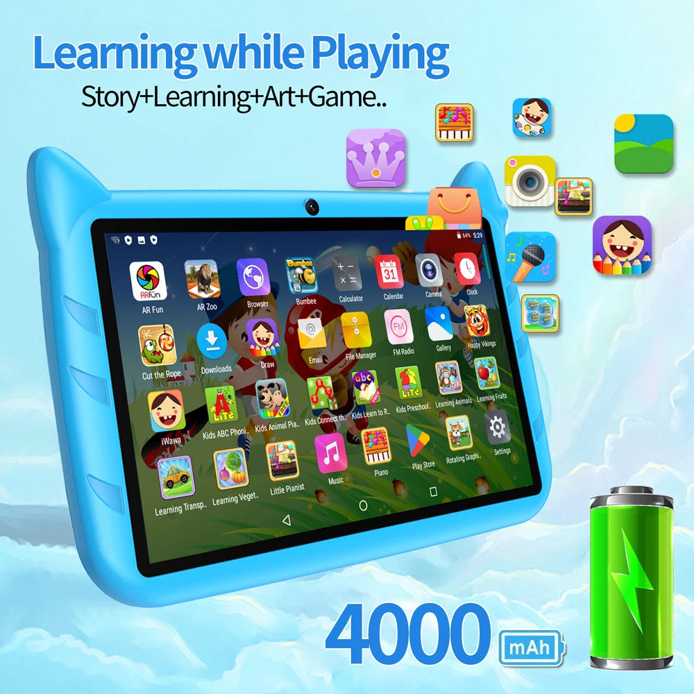 BDF-Tablet Android 13 para niños, extensión de 1 TB, 4 GB de RAM, 64 GB de ROM, WiFi 5G, batería de 4000mAh, cámara turística, regalo para niños, software para niños, 7 pulgadas