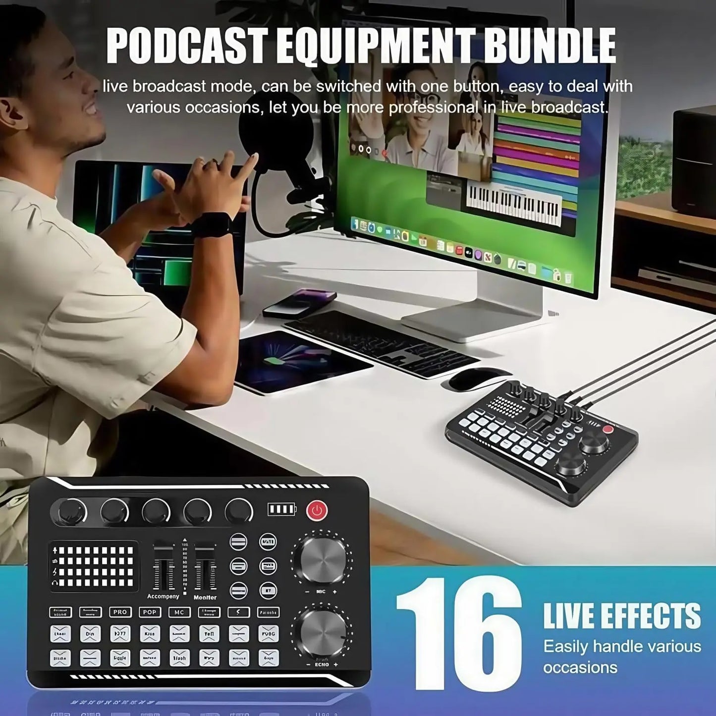F998 — Kit Studio Podcast Complet Carte Son, Microphone & Mélangeur