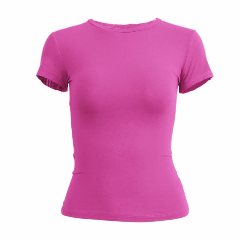Mujer Ropa Camiseta de manga corta Top ajustado para mujer Cuello redondo Tejido Camiseta de tubo Ropa de calle Sexy deportivo 2024 Y2K Nuevo2410