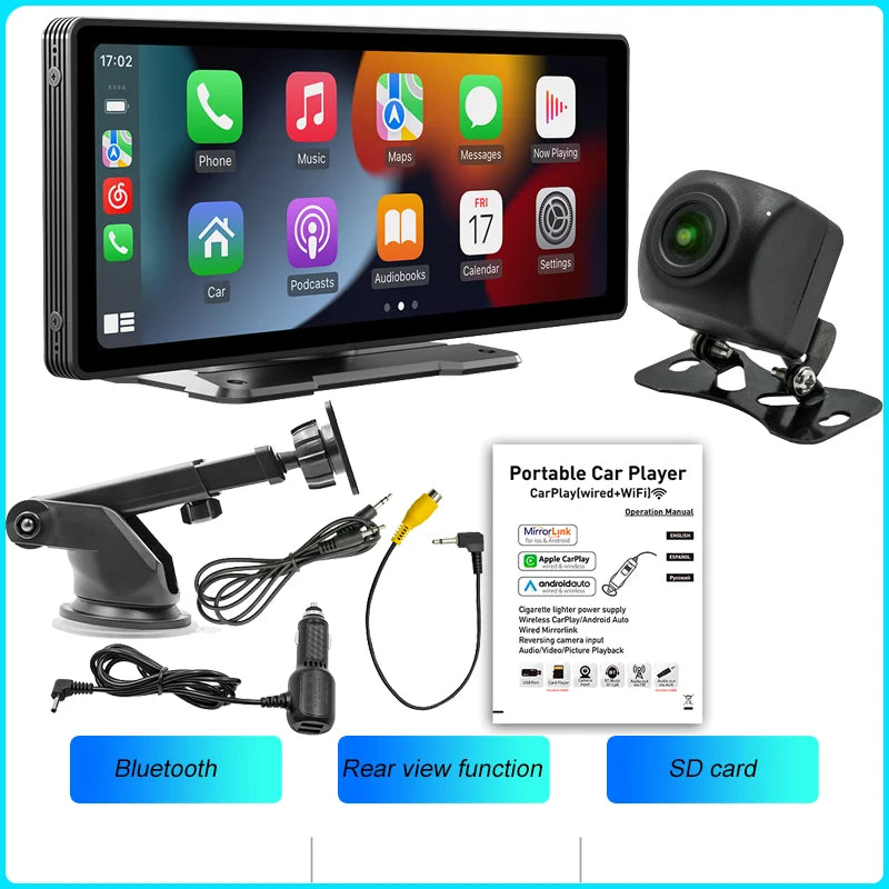 BQCC-Pantalla portátil inalámbrica Carplay, cámara trasera HD, autorradio DVR, reproductor de vídeo MP5, Android Auto, 10.26 pulgadas