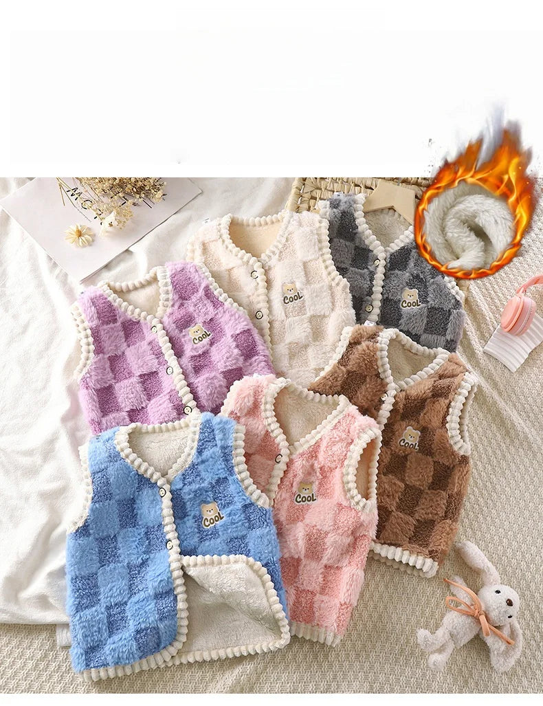 Chaqueta polar para niños, chaleco cálido de doble capa con estampado a cuadros, para niños y niñas, ropa de abrigo sin mangas para otoño e invierno