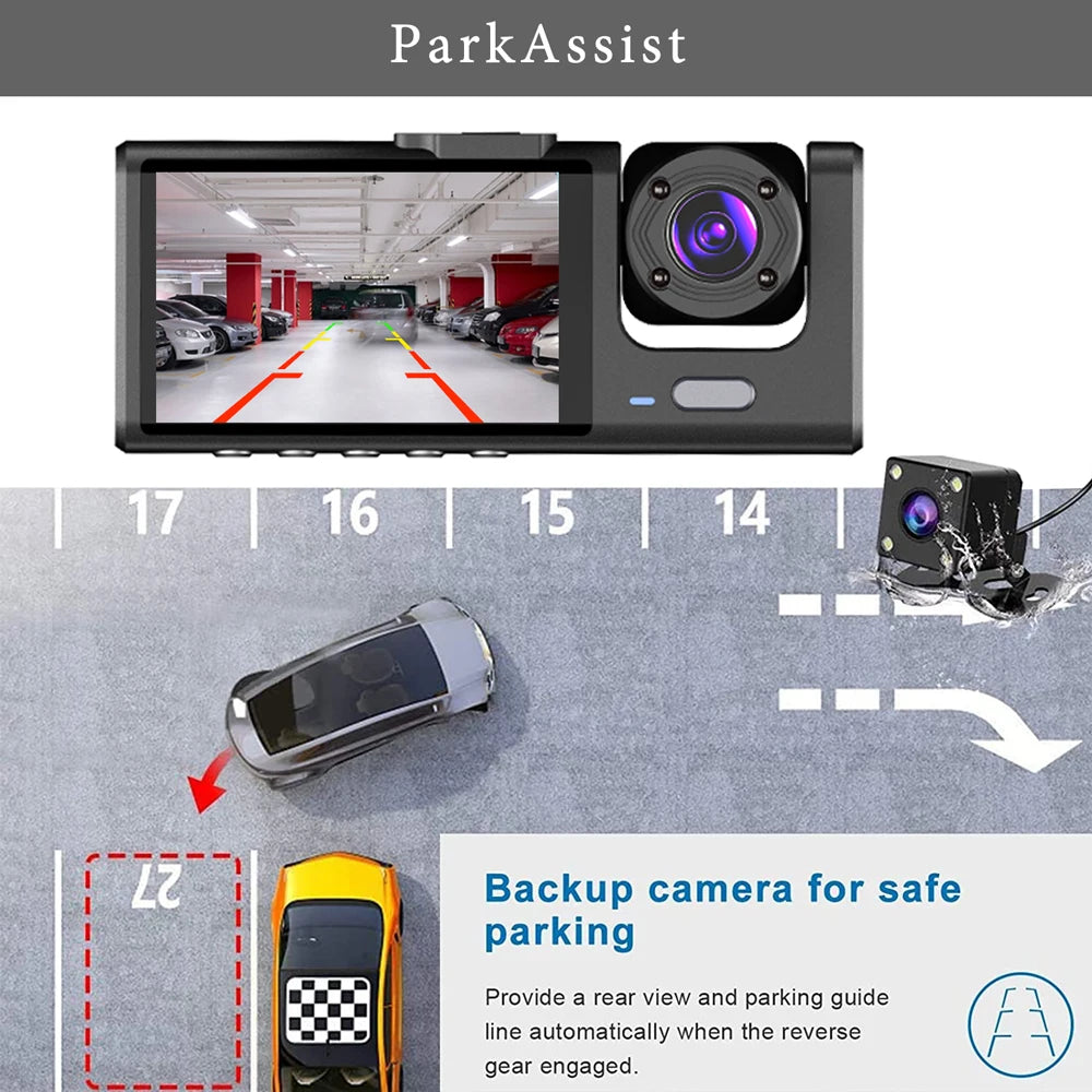 Dashcam 3 Canaux HD 1080P Triple Lentille — DVR Véhicule Intérieur Enregistreur
