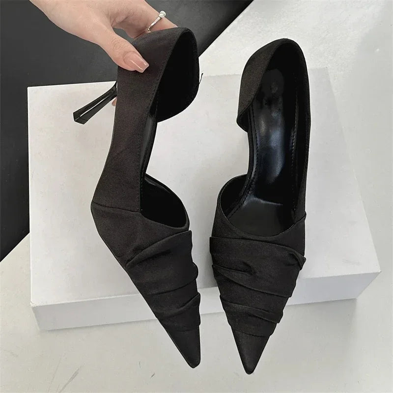 Aneikeh Elegant Pleated Satin Women's Slippers Pumps Fashion Pointed Toe Thin High Heels Mules Dance Banquet Shoes Chaussure Femme