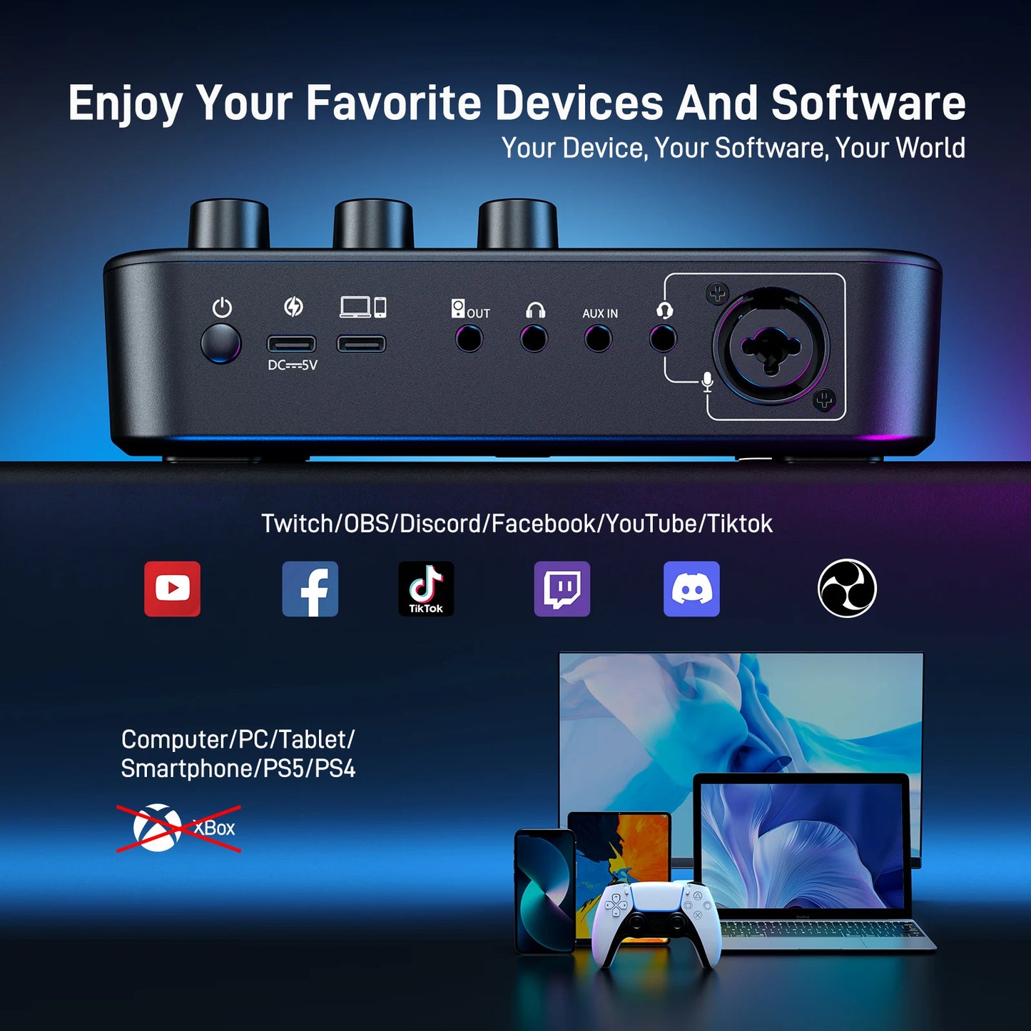 Interface Audio Gaming XLR — Effets Sonores & LED RGB Podcast & Streaming