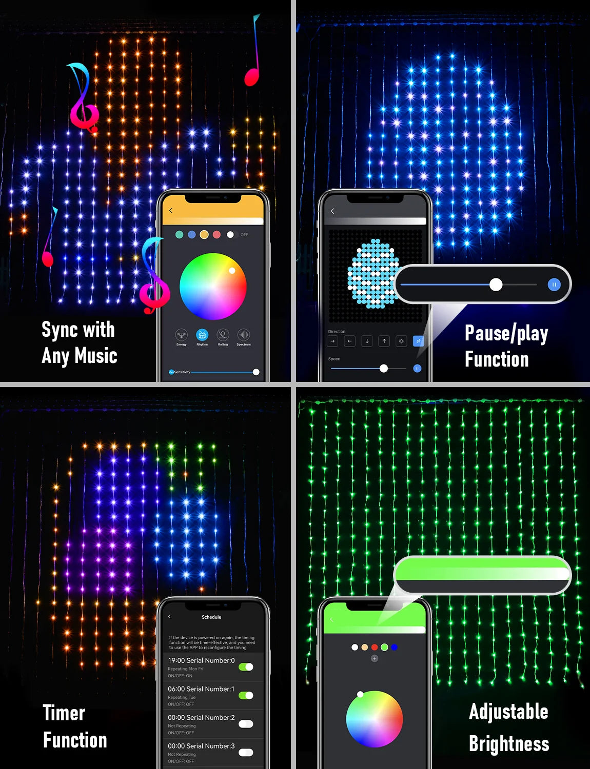 Cortina de luces LED inteligente, guirnalda de Año Nuevo, guirnalda de luces de hadas RGB, pantalla de cambio de música, para ventana, decoración navideña