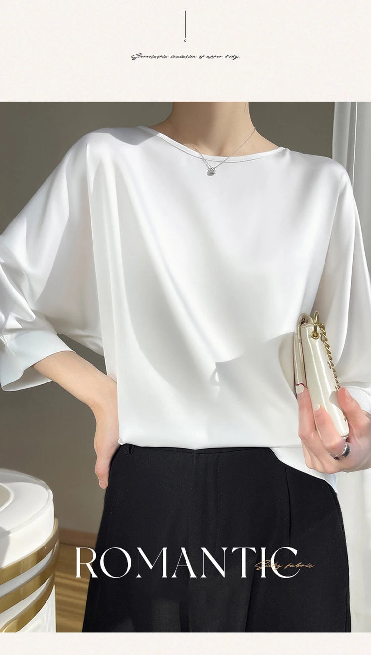 Nouveauté 2026 – T-shirt basique en satin de soie à manches courtes pour femme, col rond, coupe décontractée et légère, chemisier ample pour femme