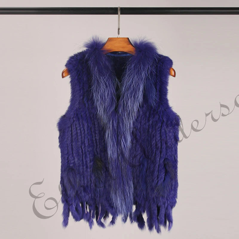 ETHEL ANDERSON – Chaleco con borlas de piel de conejo auténtica, chaleco de punto de alta calidad, vintage, de piel de mapache, ropa de abrigo