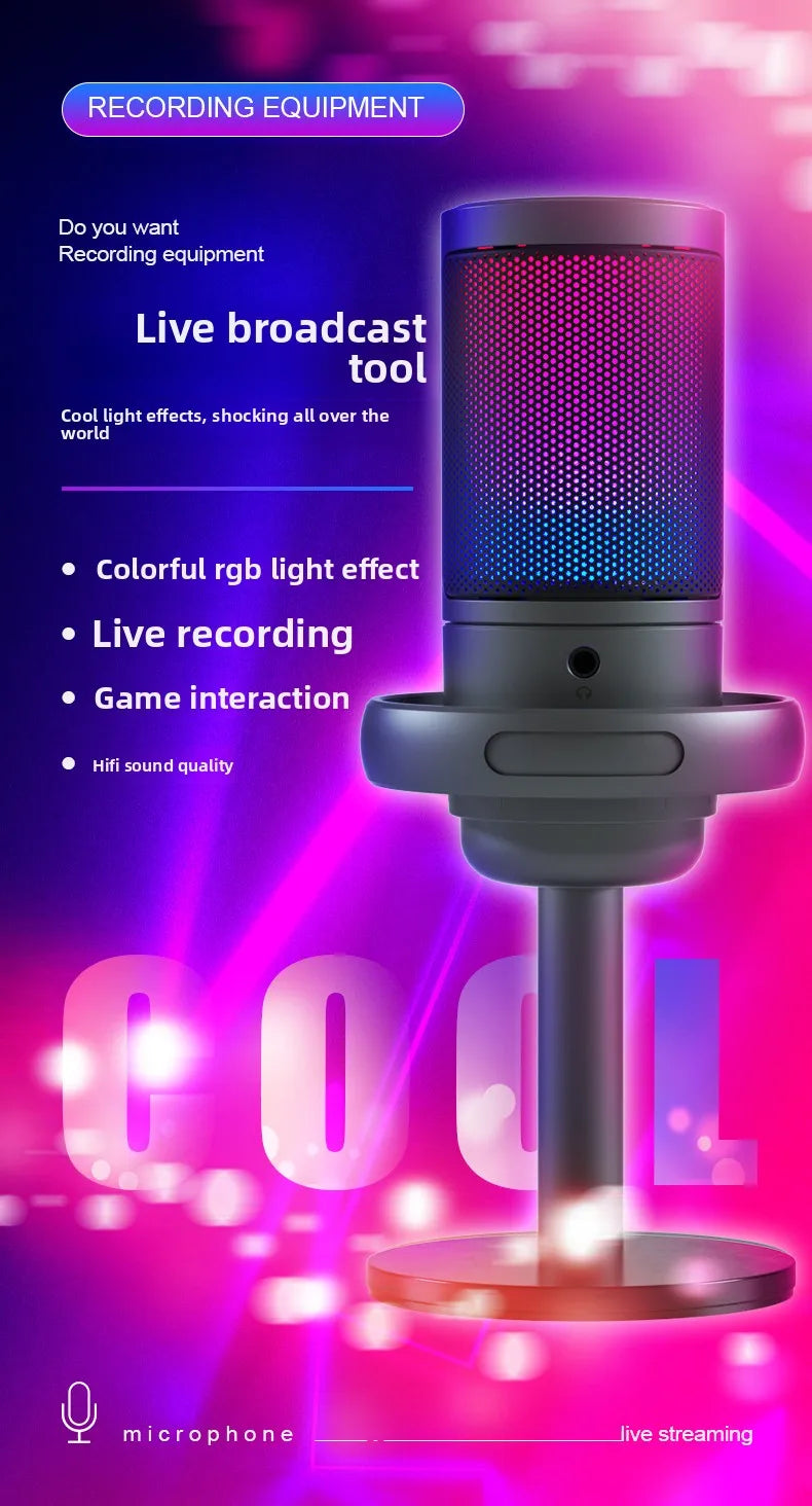 Microphone USB Professionnel à Condensateur RGB — Enregistrement, Gaming, Streaming Direct