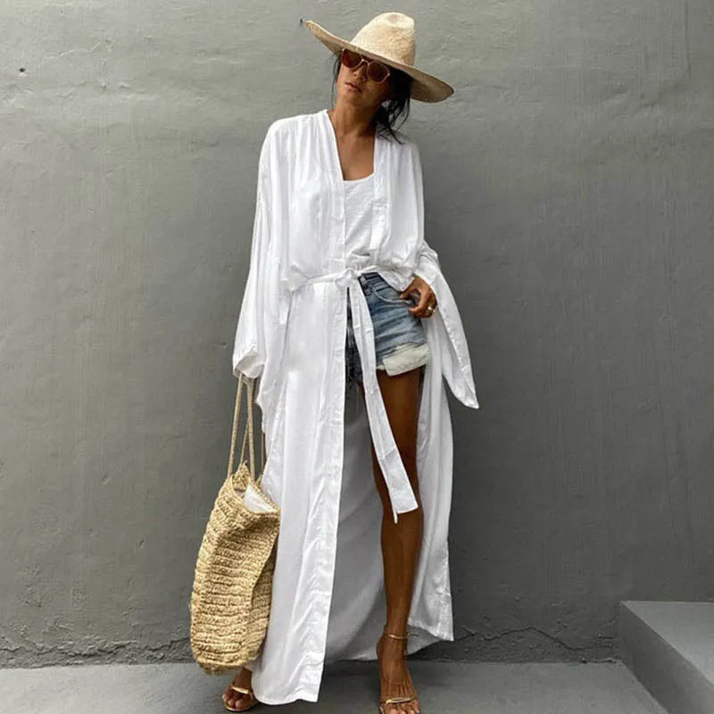 Robe de Plage Longue avec Ceinture pour Femme, Kimono Sexy, Cardigan d'Été, 5 Couleurs Unies
