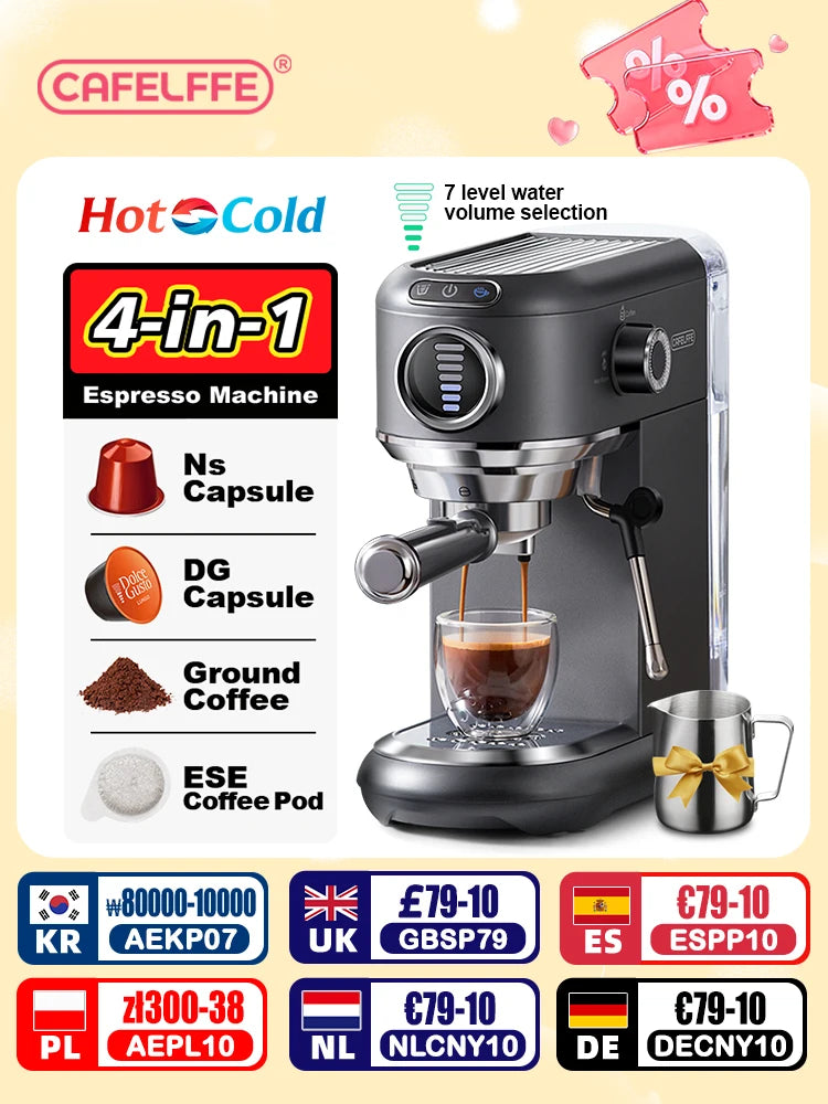 Cafetera Cafelffe 4 en 1, máquina de café, capuchino, Dolce Gusto, Nespresso, cápsulas, expreso, monodosis ESE, café molido. Regalo para amantes, papá, mamá