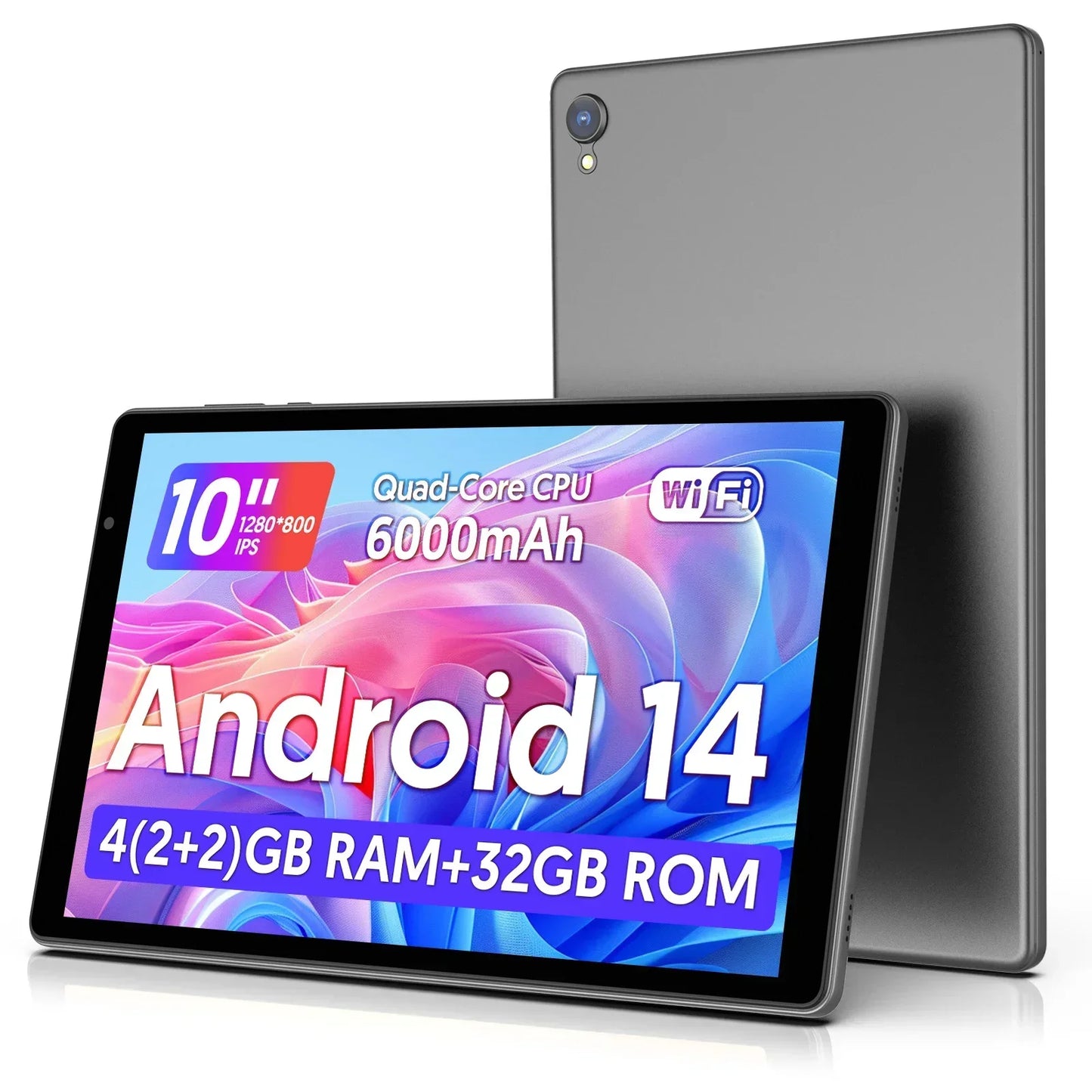 Dernière tablette Android 14, tablette 10 pouces, processeur Quad-core, WiFi 5G, 4 Go de ROM + 32 Go de RAM, résolution 1280 x 800, batterie 6000 mAh