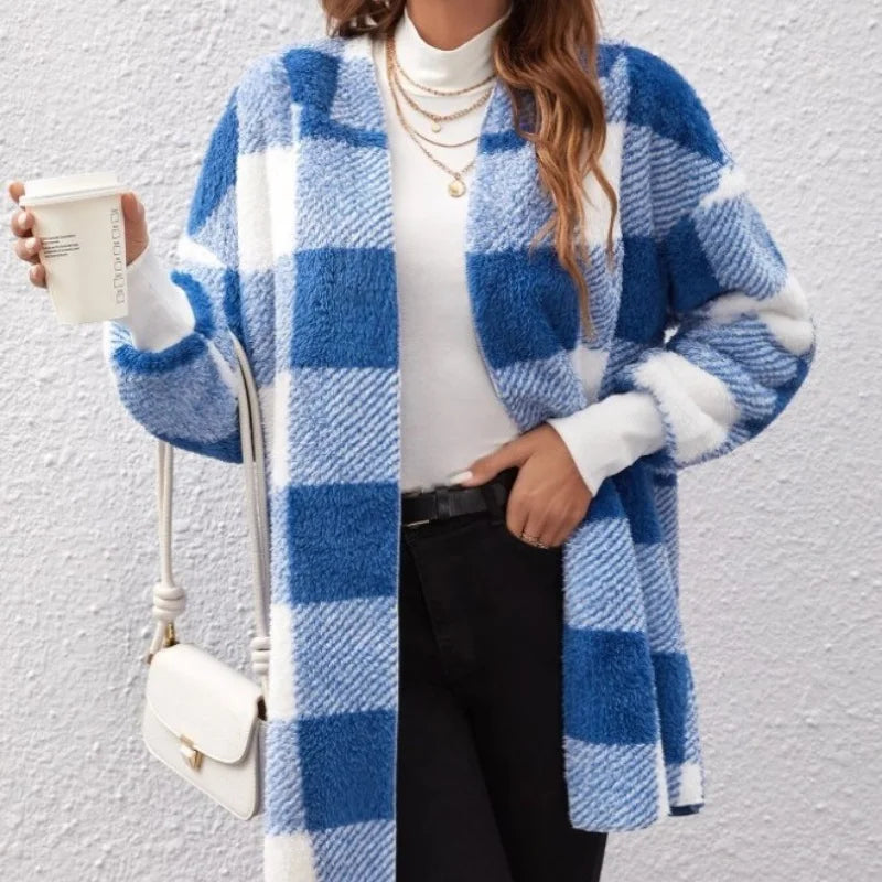 Women's Plaid Double Fleece Cardigan, Soft Loose Long Sleeve Plush Warm Hooded Jacket, Patchwork Outerwear Coat, Autumn Winter