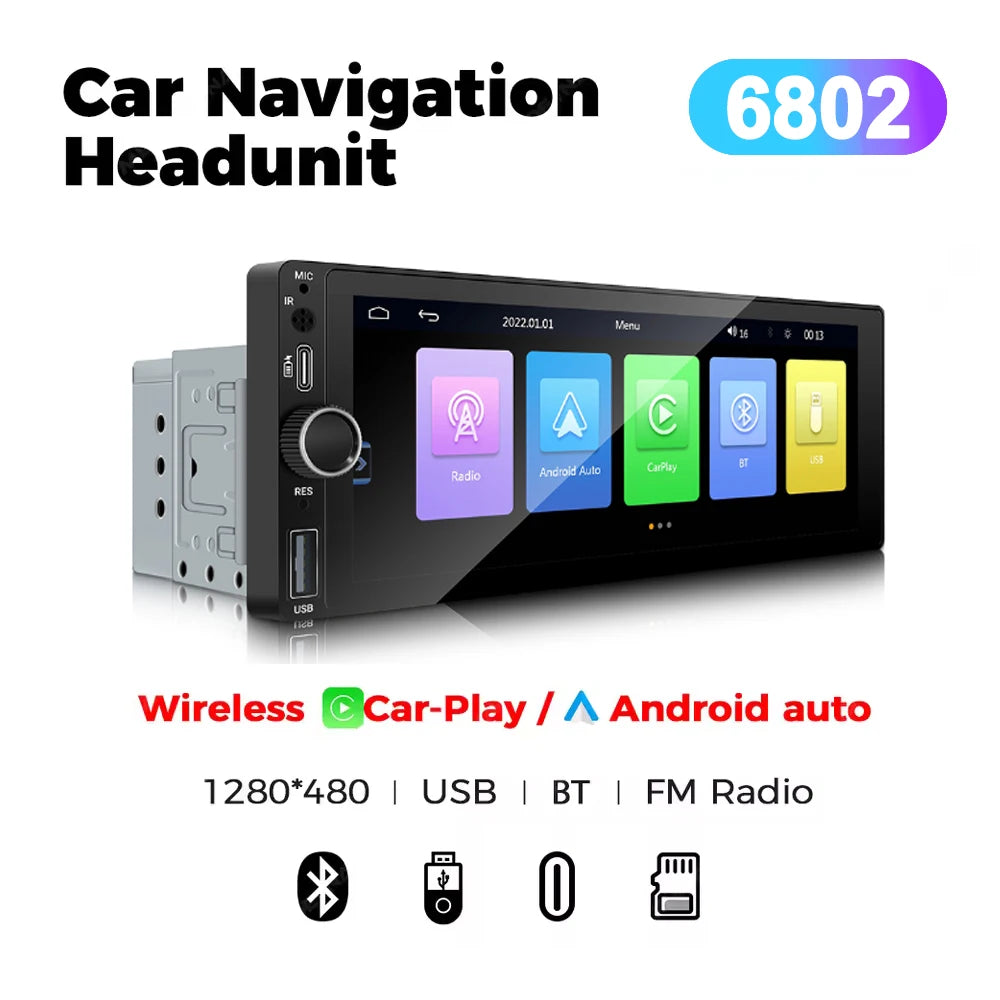 Autorradio universal MP5 de 1DIN y 6.86 pulgadas, compatible con Carplay inalámbrico, Android AUTO, AUX, USB, BT, pantalla táctil y reproductor de video multimedia.