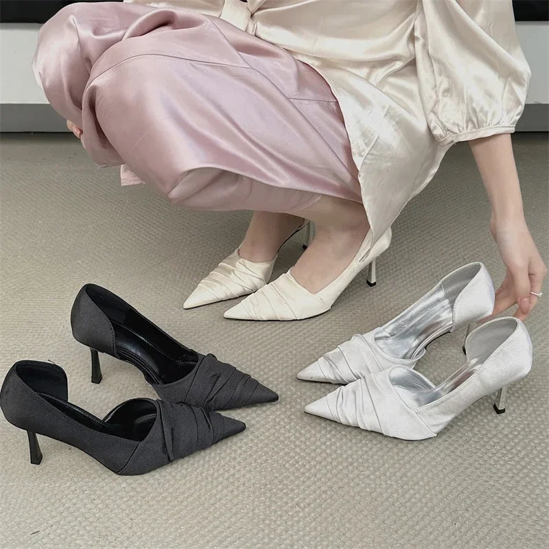 Aneikeh Elegant Pleated Satin Women's Slippers Pumps Fashion Pointed Toe Thin High Heels Mules Dance Banquet Shoes Chaussure Femme