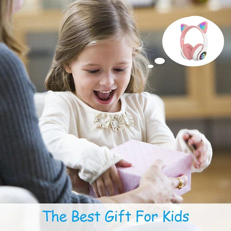 Auriculares estéreo Bluetooth 5.0 con orejas de gato y luz LED, compatibles con tarjeta TF y micrófono, inalámbricos, para niños y niñas, regalo de cumpleaños