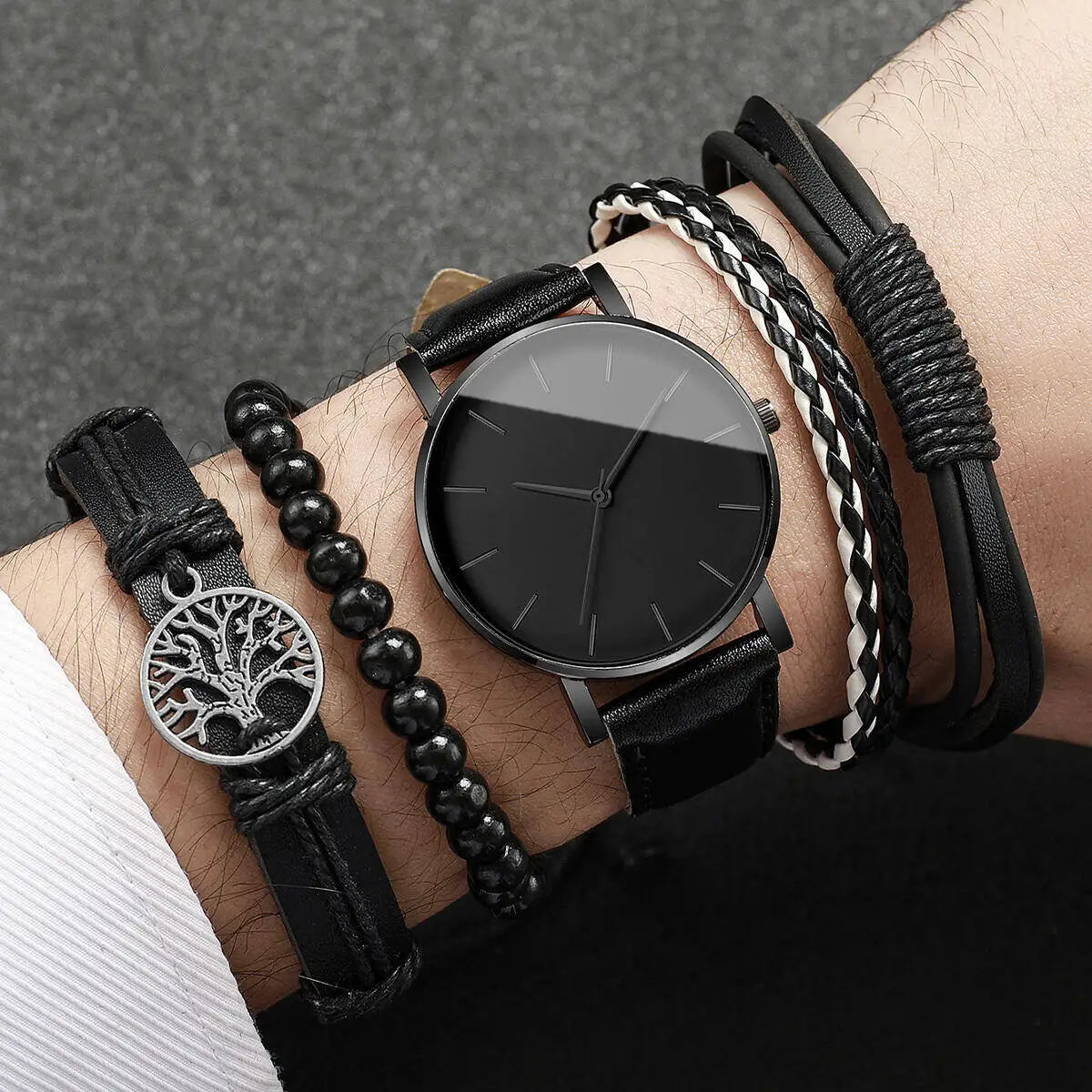 4/5PCS Trendy Men's Watches, Casual City Watches, Leather Strap, Quartz Men's Watch, Vintage Bracelet Set, Reloj Hombre (without box)