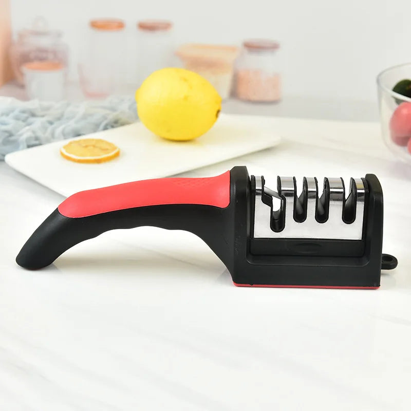 Multifunctional Kitchen Knife Sharpener, Three-Use Household Sharpening Stone, 4 Segments, Black