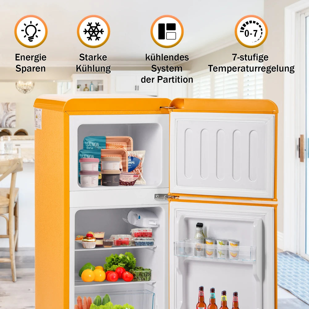 Combinaison réfrigérateur-congélateur rétro 45,5 cm de large, 2 portes 60 litres de volume total, volume de congélateur 22 litres. 102 KWh/année,