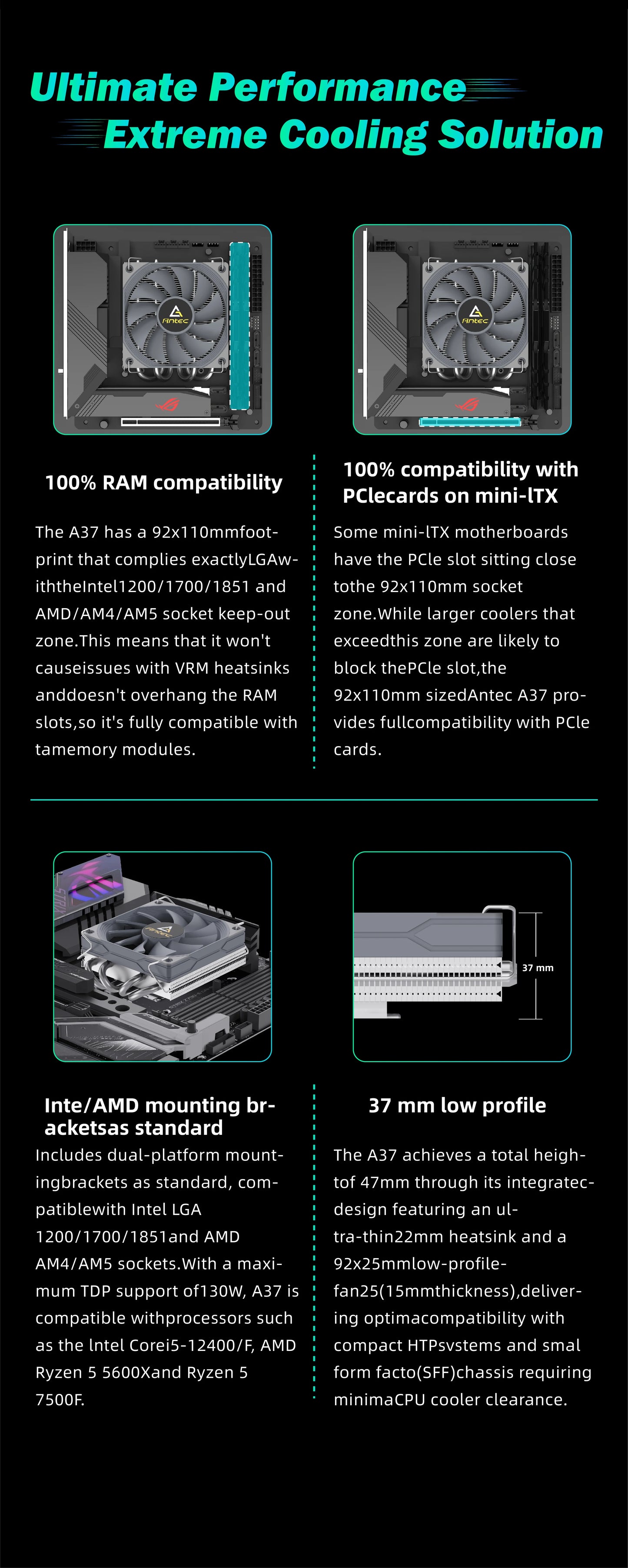 Antec A37 37mm ITX refroidisseur de processeur à profil bas 92mm ventilateur PWM 130W-TDP pour Intel/AMD 12.8 W/m.K pâte, Compatible I5-12400F/Ryzen-7500F
