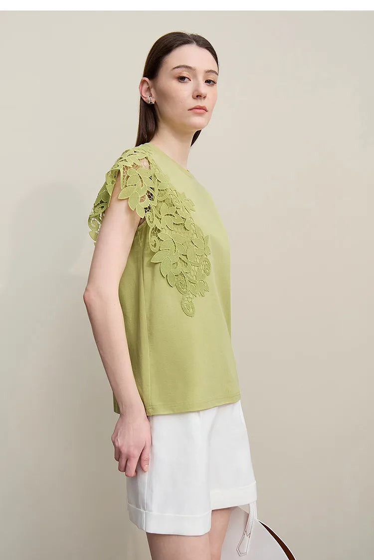 T-shirt femme 2026 été — col rond, coton, anti-transpiration, dentelle asymétrique, ample, manches courtes