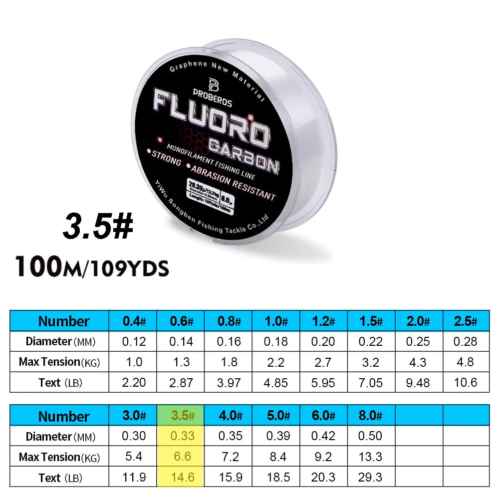 PROBEROS 100M ligne de pêche à revêtement fluorocarbone 2.2LB-29.3LB ligne de Leader Monofilament en Fiber de carbone ligne de pêche à la carpe