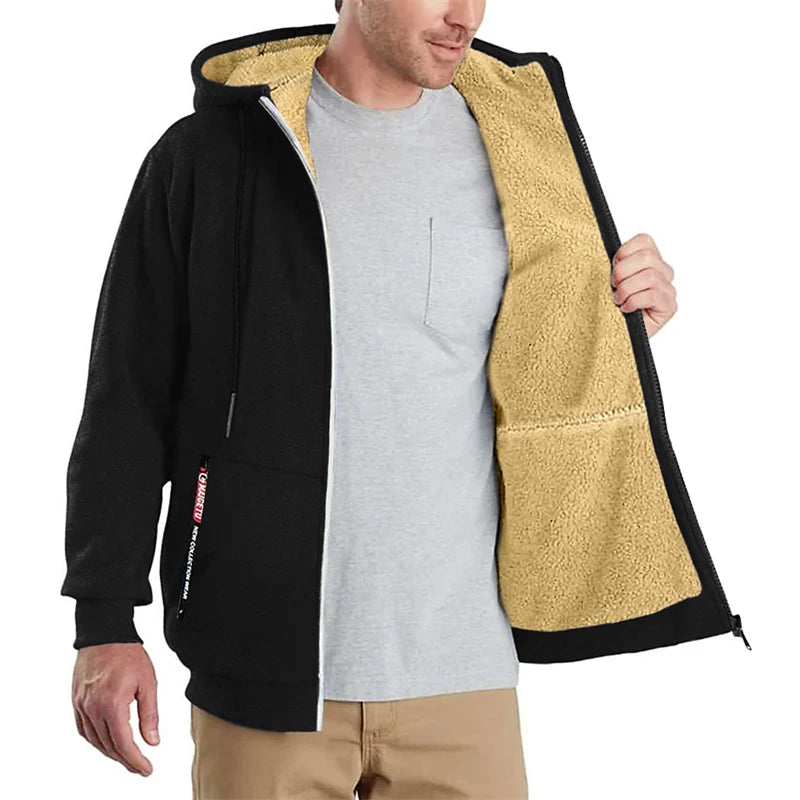Men's Printed Sherpa Fleece Lined Jackets, Plush Winter Warm Coats with Zipper Pockets, Full-Zip Hooded Sweatshirt, Outdoor Outfits