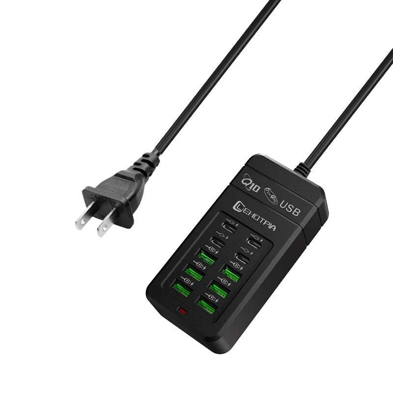 Multi-Fast USB Charger, EU UK US Plug, Power Adapter, 1.2m Extension Cord, 6 USB-A 4 USB-C, Portable for Mobile Phone