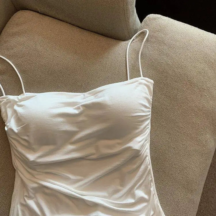 Débardeur plissé sans manches pour femme, coupe ajustée, style sexy, court, avec fines bretelles, couleur unie, simple et tendance