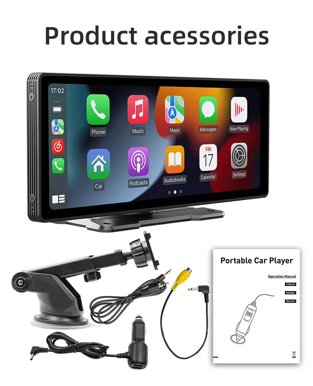 BQCC-Pantalla portátil inalámbrica Carplay, cámara trasera HD, autorradio DVR, reproductor de vídeo MP5, Android Auto, 10.26 pulgadas
