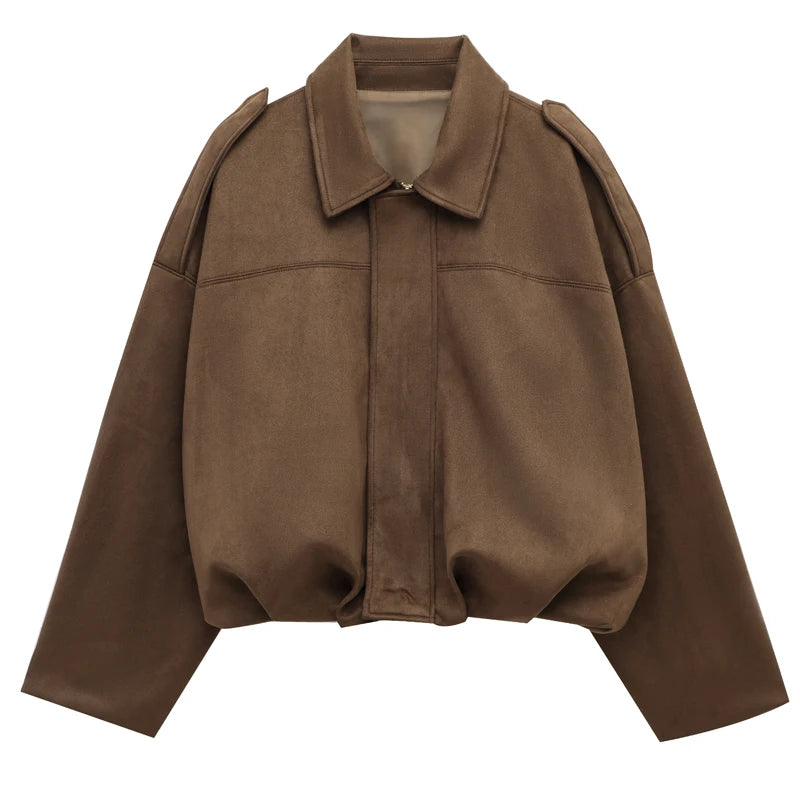 HXAO femmes Bomber veste revers fermeture éclair manches longues veste en daim femmes 2025 haute rue recadrée vestes de course manteaux vêtements d'extérieur