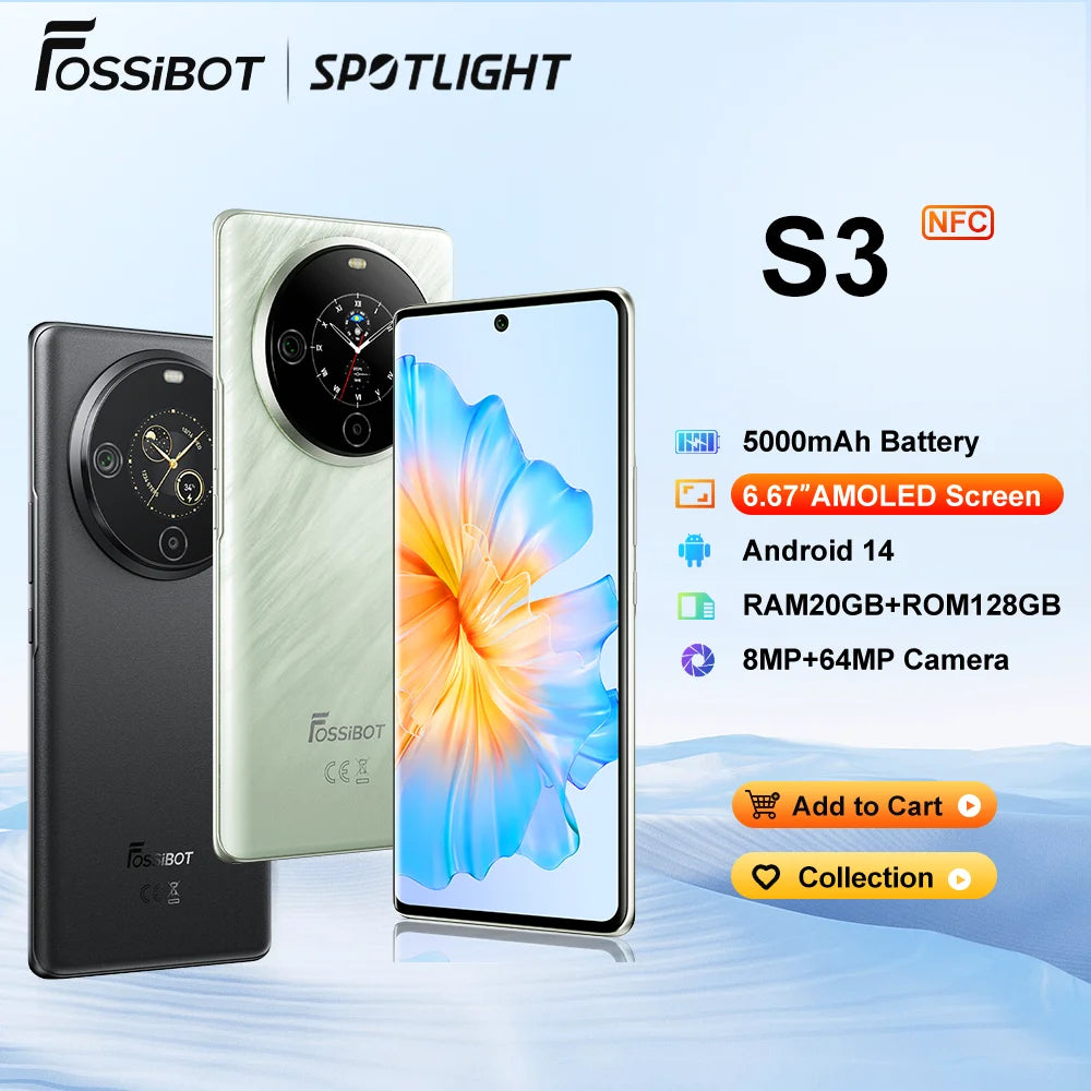 [World Premiere] FOSSiBOT S3 PRO Smartphone 6.67" AMOLED Screen Android 14 Up to 20 + 128 GB Mobile 8 + 64 MP CAM NFC Cell Phone