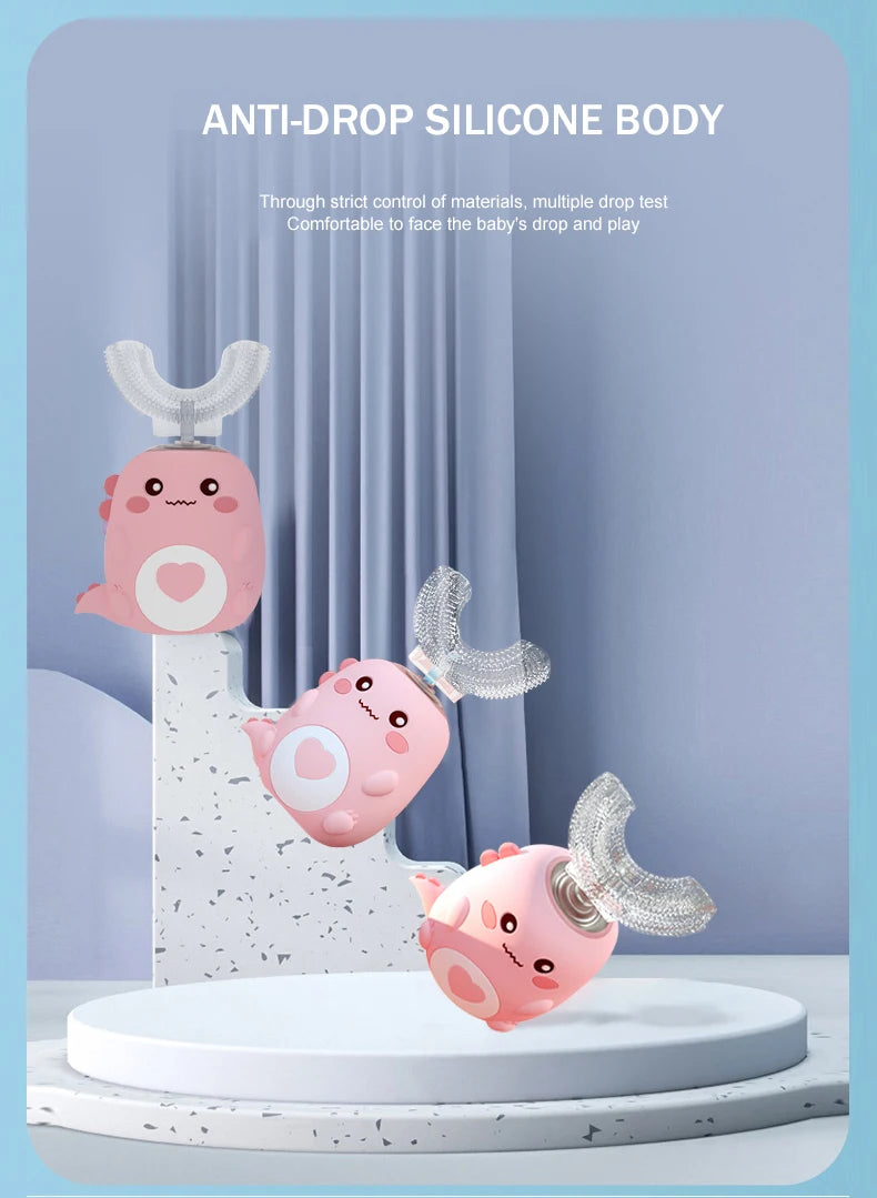 Cepillo de dientes eléctrico infantil en forma de U, rotación de 360 grados, dibujos animados inteligentes, cepillo de dientes de silicona, automático, recargable, sónico