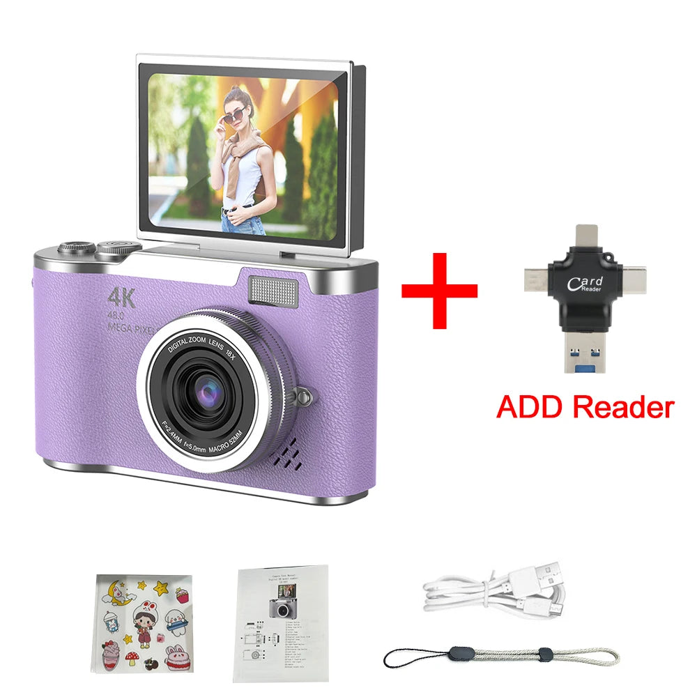 Appareil photo numérique 4K CCD — 8x zoom, 48MP, compact, 180° écran rabattable, selfie, étudiant