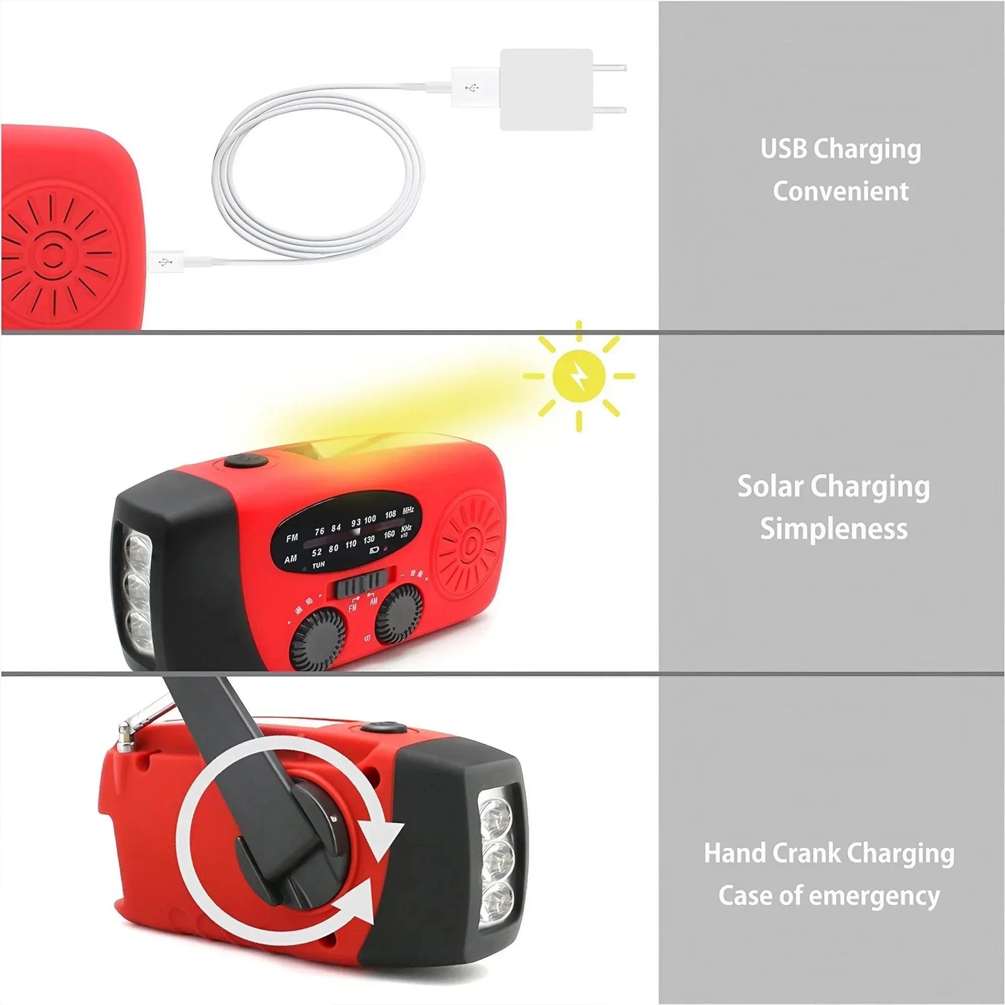 Radio météo d'urgence multifonctionnelle, FM AM WB, manivelle, charge USB solaire, batterie externe 2000mAh, lampe torche LED
