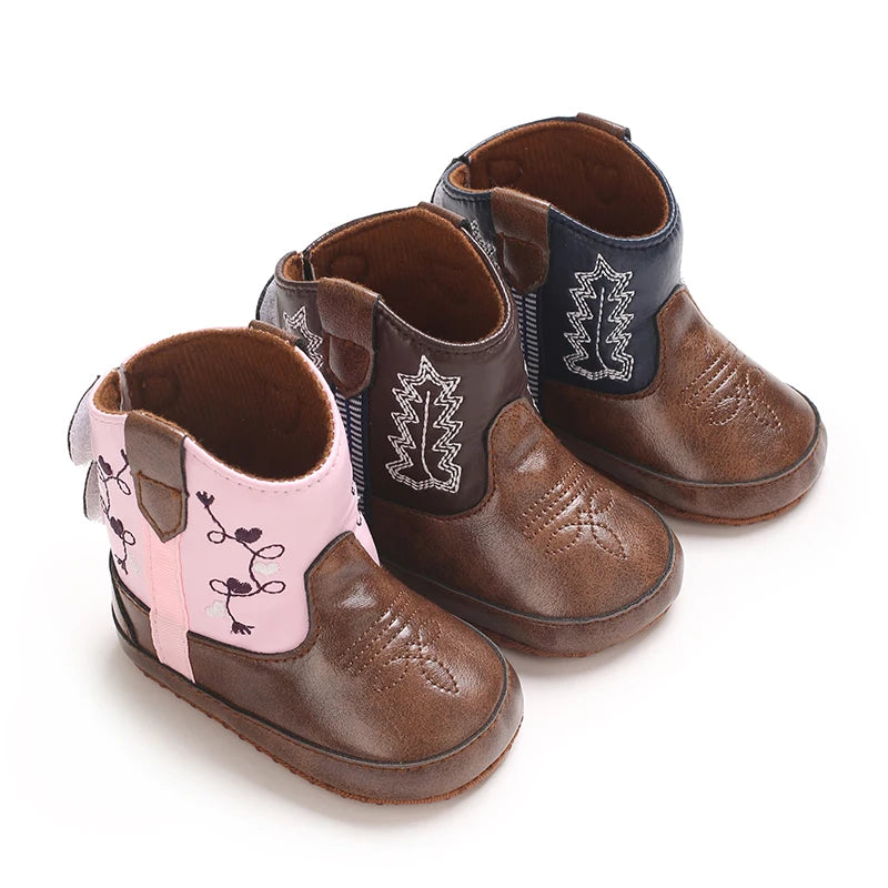 Bottines Cowboy Bébé Cuir PU Antidérapantes — Fille & Garçon 0–18 mois