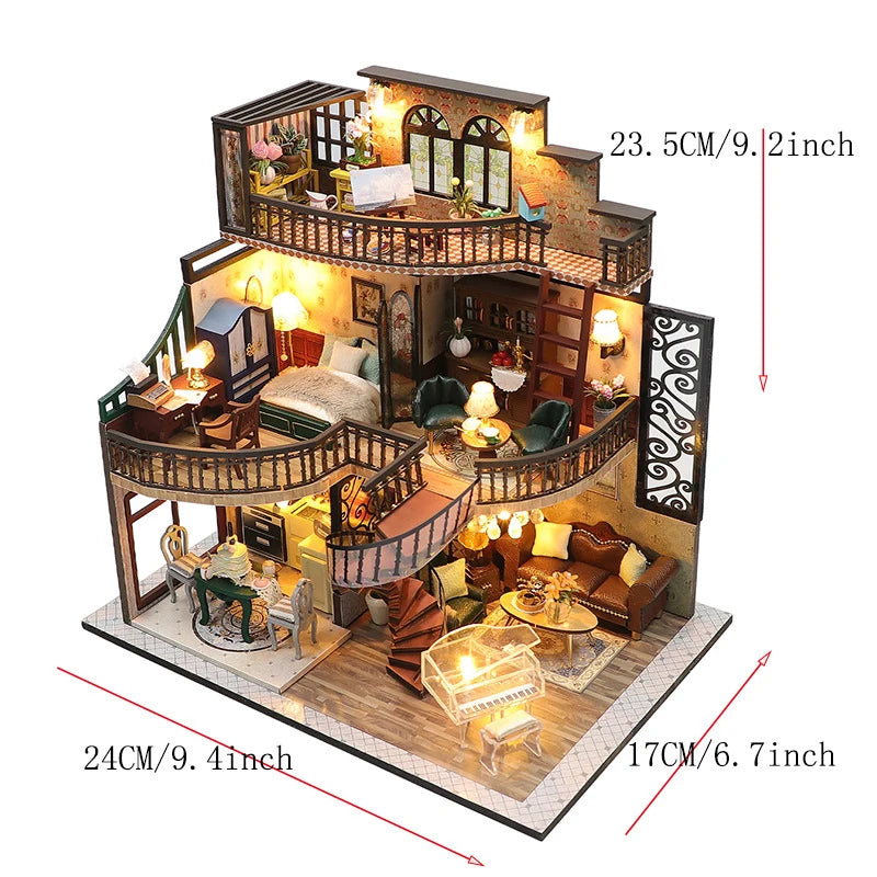 Casa de muñecas de madera, modelo de jardín, puzle 3D, kits de construcción para montar, juguetes, decoración de dormitorio con luces LED, regalo para casa de muñecas, bricolaje