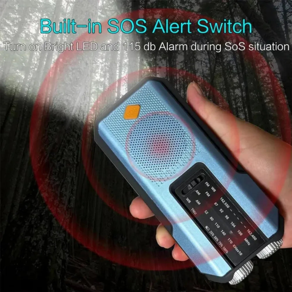 Radio météo d'urgence multifonctionnelle, FM AM WB, manivelle, charge USB solaire, batterie externe 2000mAh, lampe torche LED