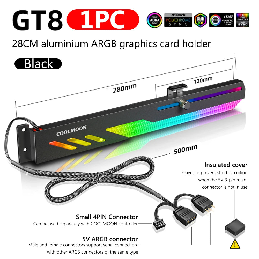 COl'hyMOON-Support de carte vidéo pour ordinateur, support GPU horizontal GT8, support de boîtier PC, kit de refroidissement, 5V ARGB