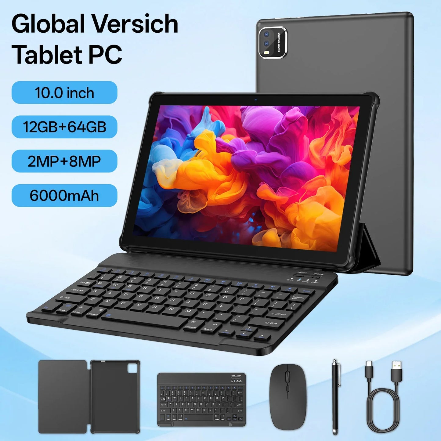 10-inch Tablet PC, Android 15 system, Quad-Core Processor, 12 (3+9) GB + 64 GB Storage, Expandable up to 1TB, Supports WiFi 6,