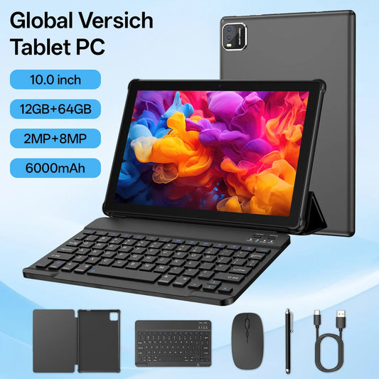 Tablette PC 10 pouces, système Android 15, processeur quad-core, 12 (3+9) Go + 64 Go de stockage, extensible jusqu'à 1 To, prend en charge WiFi 6,
