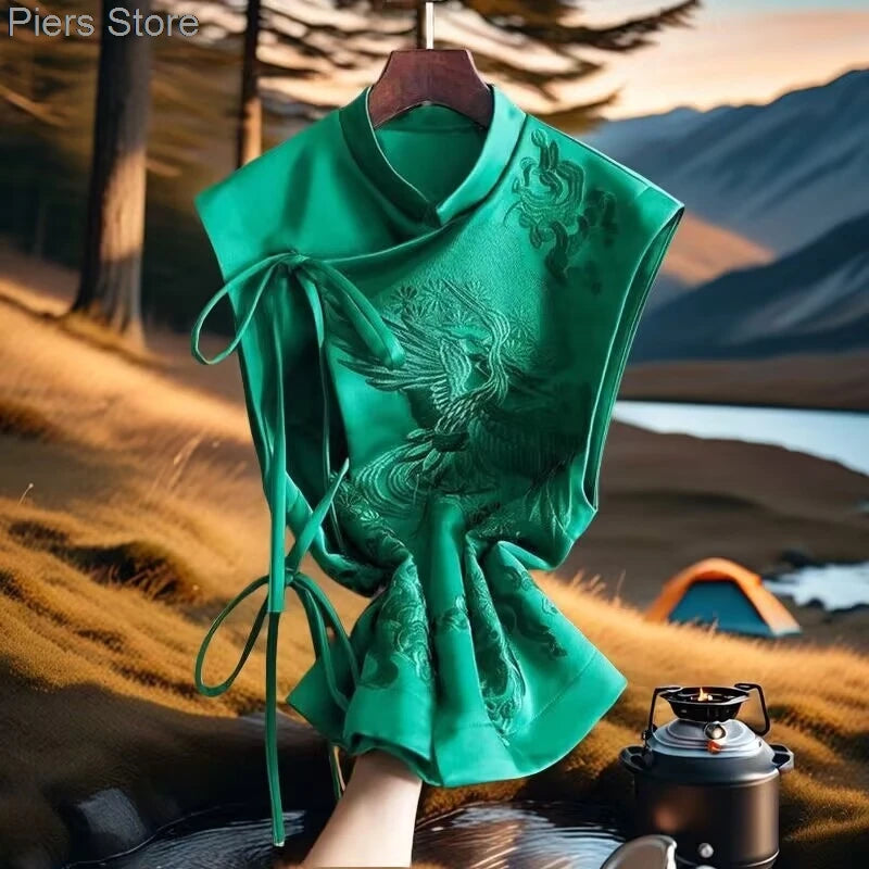 Débardeurs ethniques vintage pour femmes, chemisier Hanfu imprimé de style chinois, vêtements traditionnels chinois, costume Tang, chemise Gilet, nouveau